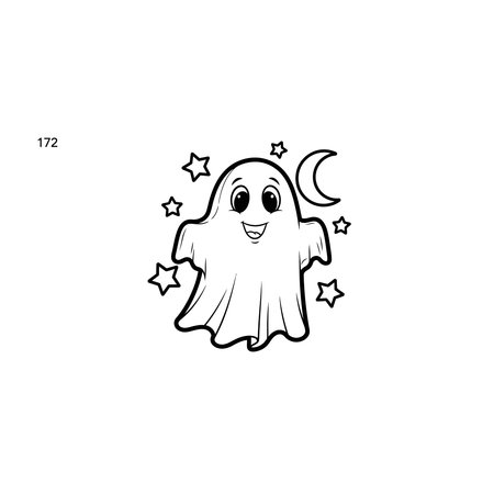 A charming line art drawing of a friendly cartoon ghost surrounded by stars and a crescent moon, suitable for halloween designs, halloween, outline, drawing, spooky, monochrome, holiday, fun, kidのイラスト素材