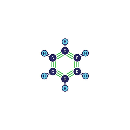 A colorful structural representation of a benzene molecule showing the hexagonal ring arrangement of carbon and hydrogen atoms, chemistry, science, organic, formula, hexagon, bond, flat, atoms, modelのイラスト素材
