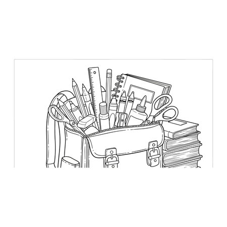 A black and white line drawing of a school backpack filled with various stationery items including notebooks, rulers, and writing supplies for education concepts, education, books, student, notebookのイラスト素材