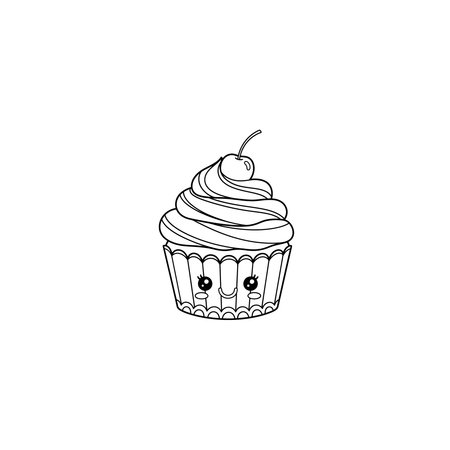 A charming and simple line art illustration of a cupcake with a smiling face and a cherry on top, perfect for coloring or minimalist design projects, dessert, sweet, bakery, food, outline, minimalistのイラスト素材