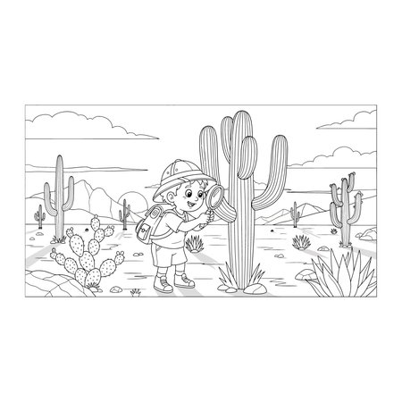 An outline drawing of a child exploring a desert with cactus plants and mountains in the background, perfect for a coloring page project, child, explore, cactus, coloring, page, drawing, fun, hotのイラスト素材