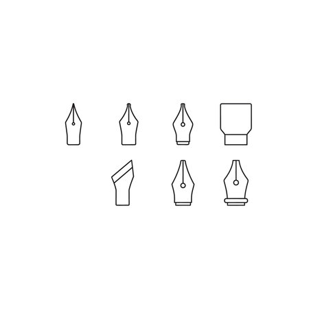 A collection of various fountain pen nib styles displayed as a clean line art vector illustration for calligraphy and writing concepts, nib, calligraphy, writing, stationery, ink, instrument, toolのイラスト素材
