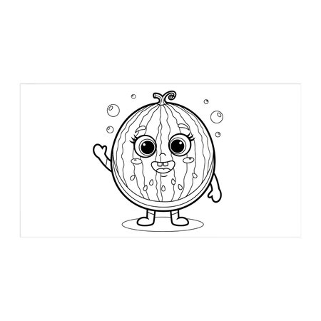 An adorable black and white line art illustration of a cheerful watermelon character waving, suitable for children's coloring pages, fruit, coloring, waving, minimalist, monochrome, fun, book, foodのイラスト素材