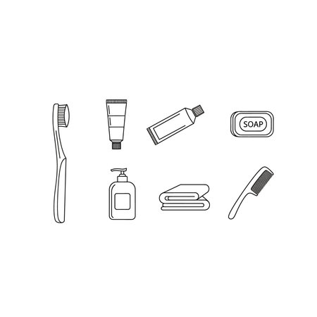 A set of simple line art icons representing common grooming and bathroom essentials, hygiene, bathroom, toiletries, soap, towel, brush, monochrome, set, bath, body, flat, hair, item, sign, designのイラスト素材