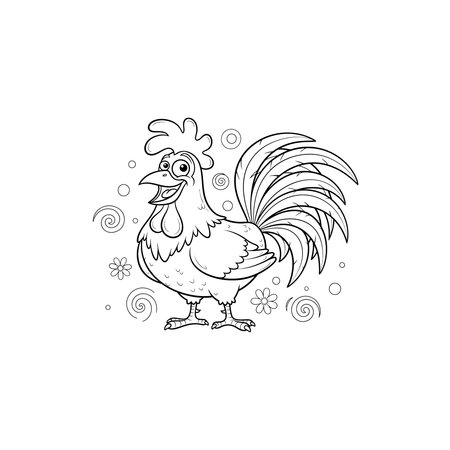 A cheerful cartoon rooster rendered in black and white line art, surrounded by playful swirls and patterns, chicken, bird, animal, poultry, drawing, minimalist, fun, joy, pet, book, form, kids, designのイラスト素材