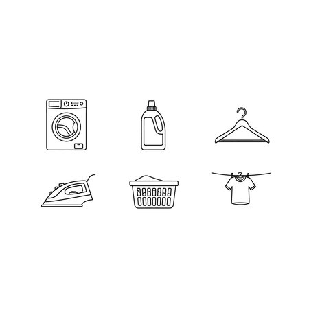 A collection of simple black and white line art icons depicting laundry and cleaning tasks including washing, ironing, and drying, wash, iron, cleaning, clothes, hanger, basket, flat, home, line, signのイラスト素材