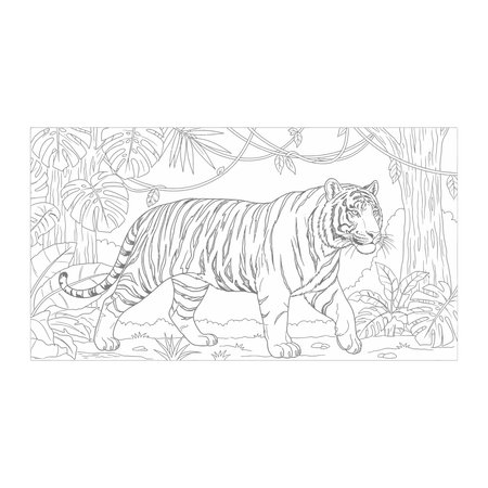 A detailed line art drawing of a tiger walking through a dense jungle, suitable for use as a coloring book page or artistic print, wildlife, animal, nature, lineart, coloring, page, forest, monochromeのイラスト素材
