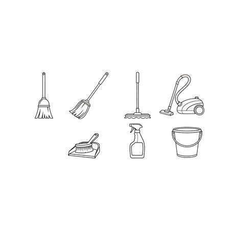A collection of simple line art icons representing various household cleaning tools including a broom, mop, rake, vacuum, spray bottle, and bucket, tools, housework, household, maintenance, janitorialのイラスト素材