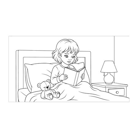 A clean line art drawing of a child sitting up in bed at night, reading a book next to a teddy bear and a bedside lamp, bedroom, night, lamp, teddy, bear, minimalist, monochrome, cozy, page, designのイラスト素材