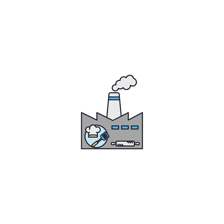 Minimalist graphic icon showing a factory building emitting smoke with a chef hat and culinary tools symbol on the side wall, cooking, food, culinary, industry, restaurant, minimalist, building, hatのイラスト素材