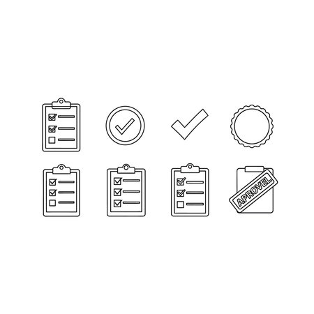 A collection of simple line art icons representing business checklists, task completion, approval marks, and document management, icon, task, todo, check, management, document, app, web, data, fileのイラスト素材
