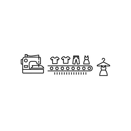 An outline icon depicting a sewing machine and clothing items on a conveyor belt, representing garment manufacturing processes, sewing, conveyor, belt, factory, apparel, garment, sew, work, blackのイラスト素材