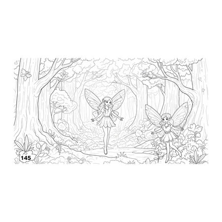 A detailed coloring page depicting a fairy character inside a forest setting, designed with clean lines for easy coloring, lineart, magic, fantasy, nature, drawing, fun, joy, book, cute, fill, playのイラスト素材