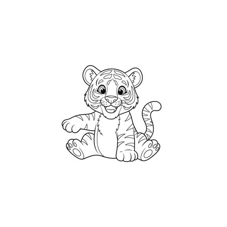 A delightful line art depiction of an excited baby tiger sitting down, rendered with simple clean lines for a cute aesthetic, animal, feline, cute, drawing, line, sketch, vector, minimalist, cat, furのイラスト素材