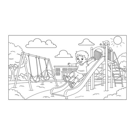 A simple black and white line graphic featuring a child going down a slide in a park setting, park, outdoor, kids, play, activity, day, fun, joy, kid, area, game, design, art, black, white, youthのイラスト素材