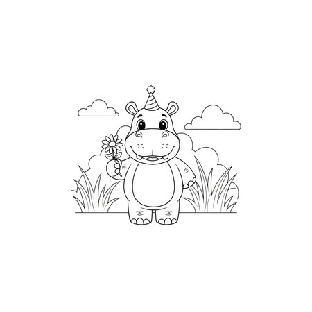 A charming line art drawing of a cheerful hippopotamus wearing a party hat and holding a flower, set against a simple outdoor background with clouds and grass, hippo, drawing, party, hat, flower, zooのイラスト素材