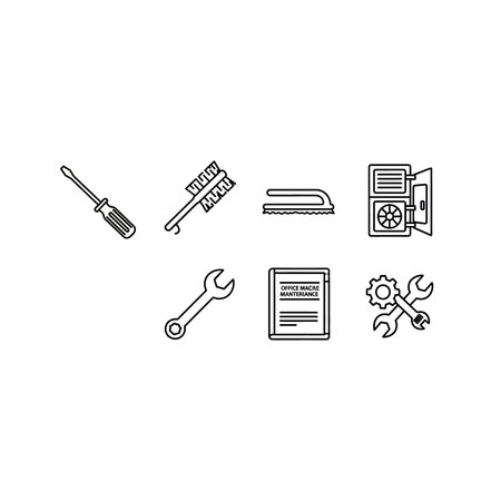 Collection of line art icons representing common manual hand tools and industrial maintenance equipment, maintenance, repair, wrench, screwdriver, hardware, construction, minimalist, kit, item, taskのイラスト素材