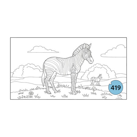 A black and white line art illustration of a zebra standing in a field with a numbered circle, suitable for a coloring book activity, animal, meadow, grass, nature, number, circle, fun, book, cuteのイラスト素材