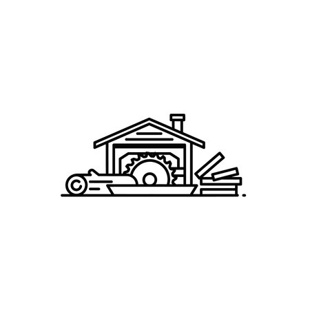 Vector outline icon showing a sawmill structure with logs stacked outside, illustrating wood processing and lumber industry, wood, lumber, carpentry, forestry, industry, saw, icon, line, work, yardのイラスト素材