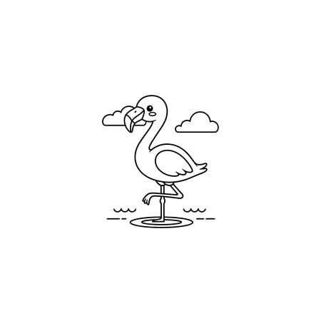A simple black and white outline of a flamingo standing on one leg in a pond, featuring clouds in the background, bird, pond, nature, coloring, outline, zoo, beak, cute, kids, page, wild, design, wingのイラスト素材