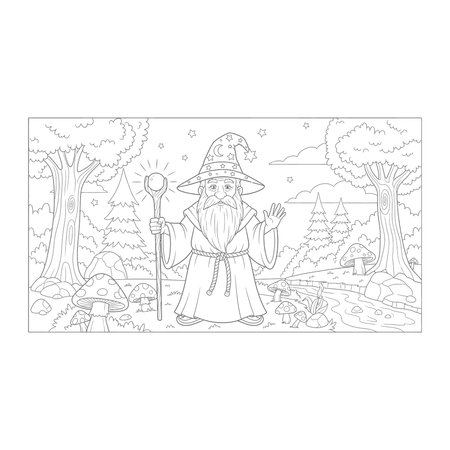 A clean line art drawing featuring a classic wizard holding a magic staff in a magical forest setting, ideal for a coloring page, magic, fantasy, staff, forest, lineart, coloring, page, monochromeのイラスト素材