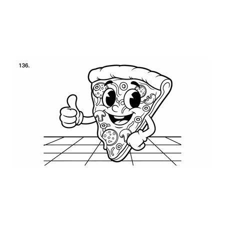 A cheerful cartoon pizza slice with a smiling face giving a thumbs up gesture, depicted in a classic line art style, food, smiling, thumbs, fastfood, mascot, fun, cheerful, joy, cute, hand, meal, menuのイラスト素材