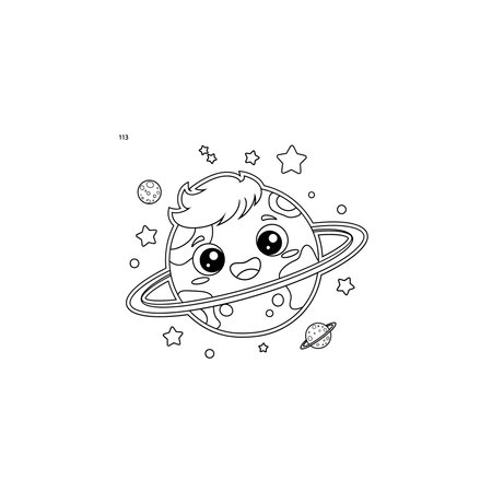 A whimsical black and white illustration of a happy cartoon planet with rings and stars, cartoon, cute, space, cosmos, stars, drawing, minimalist, fun, orb, icon, kids, line, tiny, black, design, artのイラスト素材