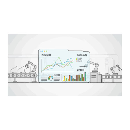 A digital representation of an automated factory floor with robotic arms and a large dashboard displaying complex performance metrics, robotics, automation, data, charts, manufacturing, robot, workのイラスト素材