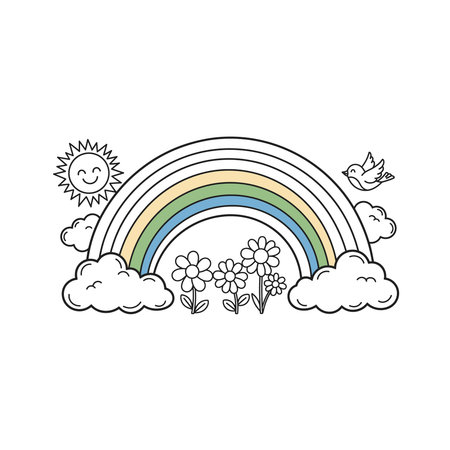 A whimsical hand-drawn doodle featuring a rainbow, smiling sun, fluffy clouds, flowers, and a small bird, suitable for children's designs or coloring pages, cloud, flower, bird, drawing, cartoon, funのイラスト素材
