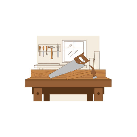 A workbench in a workshop featuring a hand saw, hammer, and wood planks for carpentry projects, carpentry, saw, hammer, wood, workshop, craft, building, carpenter, construction, diy, job, flat, workのイラスト素材