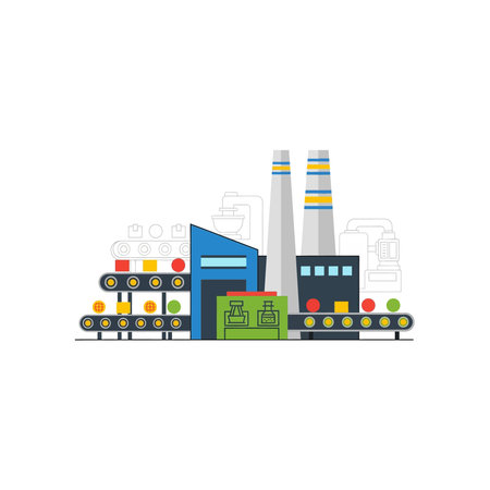 An illustration of a large industrial food factory with multiple chimneys and complex conveyor belt systems for production, factory, conveyor, production, plant, industry, processing, belt, flat, iconのイラスト素材