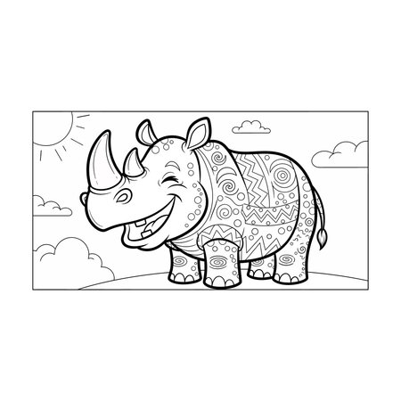 Black and white line art illustration of a cheerful rhinoceros smiling in a simple outdoor setting, perfect for children coloring books, rhino, animal, cartoon, nature, wildlife, fun, joy, zoo, bookのイラスト素材
