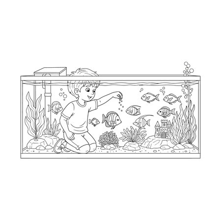 A detailed line art illustration of a young child feeding fish inside a large glass aquarium tank, ideal for a coloring page, tank, coloring, page, kid, drawing, glass, fun, pet, book, art, life, lineのイラスト素材