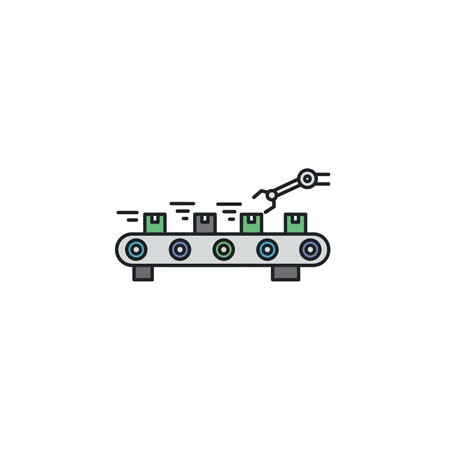A graphic illustration of an automated manufacturing conveyor belt system with a robotic arm moving...