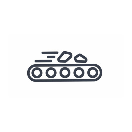 A minimalist line art icon depicting a mechanical conveyor belt system actively transporting stone...