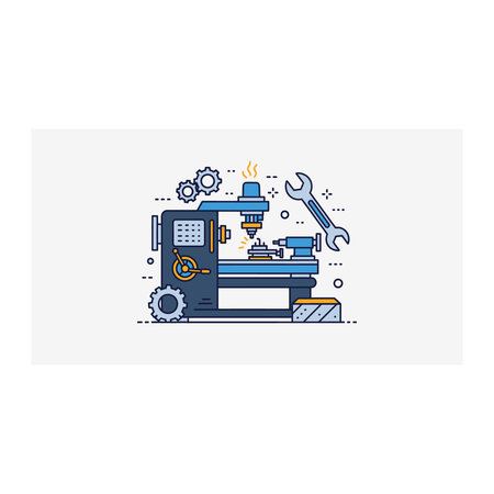 A professional vector illustration depicting an industrial lathe machine accompanied by a wrench and...