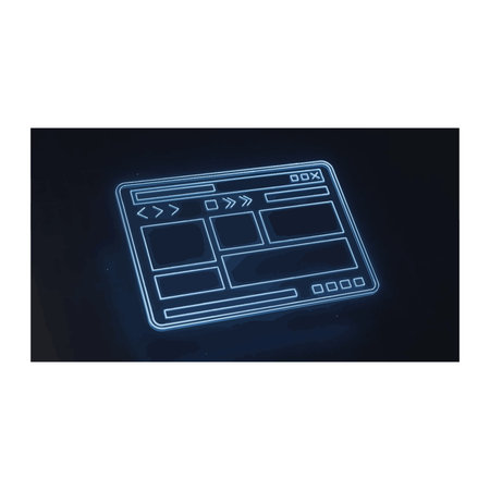 A high-tech digital web browser or software interface rendered in a blue neon wireframe style on a dark map backdrop