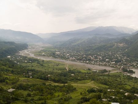 Big green valley in Georgia, Caucas. Cloudy day.の写真素材