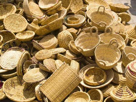 A lot of wicker baskets in market place. Marocco, Marrakeshの写真素材