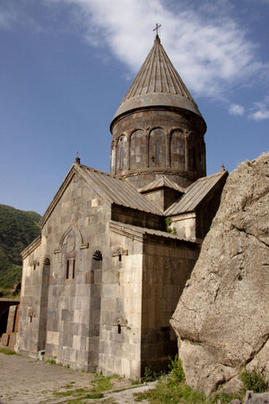 Old beauty UNESCO object Geghard monastyr - Armenia. Summer day