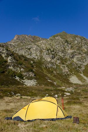 Small yellow tent in Pyrenees mountain - Andoraの写真素材