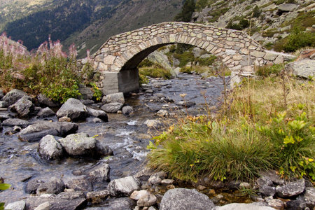 Stone bridge over beautiful river in summer - Pyrenees. Andorra.の写真素材