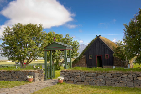 Front of old wooden church at Vidimyri in Icelandの写真素材