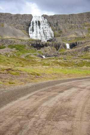 Turn of gravel route to  Dynjandi waterfall in Iceland, Westfjords.の写真素材