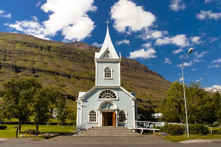 Beauty old wooden church in Seydisfjordur village - Iceland.の写真素材