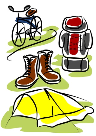 Simple object - travelling equipment. Tent, shoes backpack and bicycles.のイラスト素材