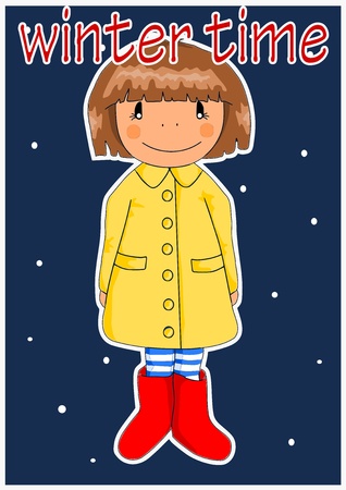 Happy girl in yellow coat - winter time. Vector.のイラスト素材