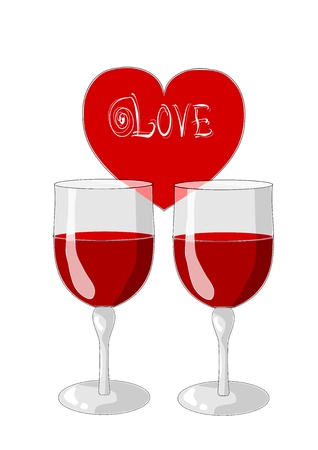One heart and two glasses of wine - valentines day  のイラスト素材