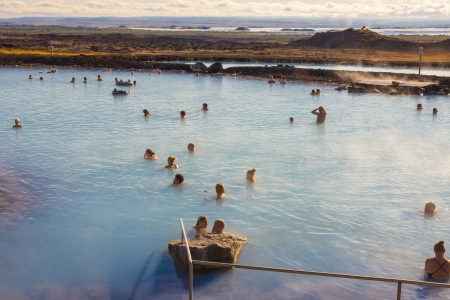 Reykjahlio - 18 July  Tourist in Jardbodin Lagoon on 18 July, 2010 in Reykjahilio  Jardbodin Lagoon is the second most popular lake with water from hot springs on Iceland のeditorial素材