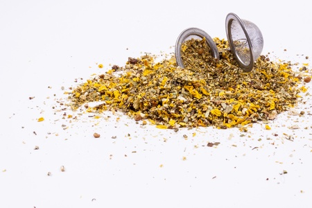 Medicinal herbs perfect for flu on white background.の写真素材